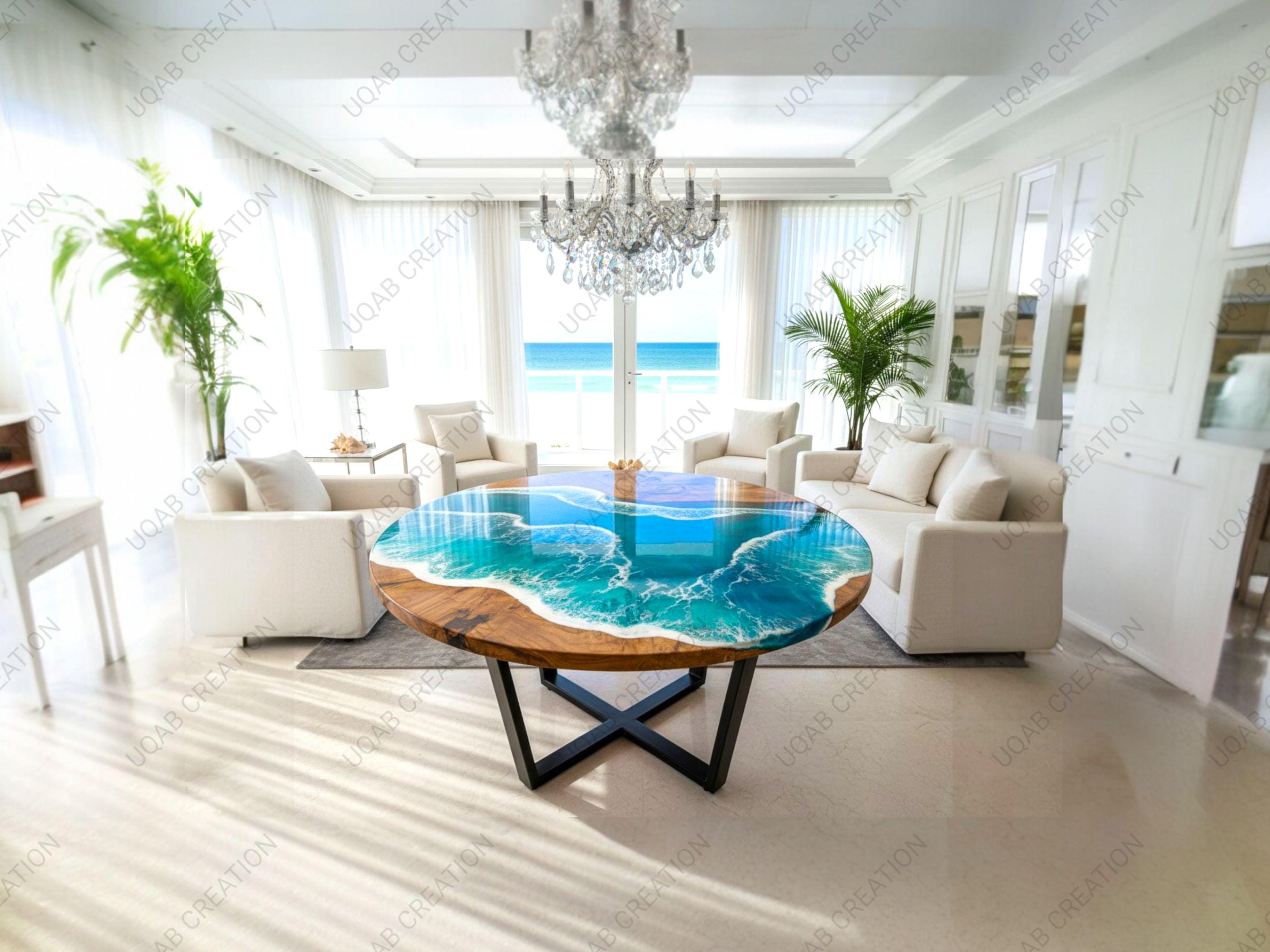 Modern Rustic Round Dining Table – Handmade Blue Ocean Waves Epoxy ...