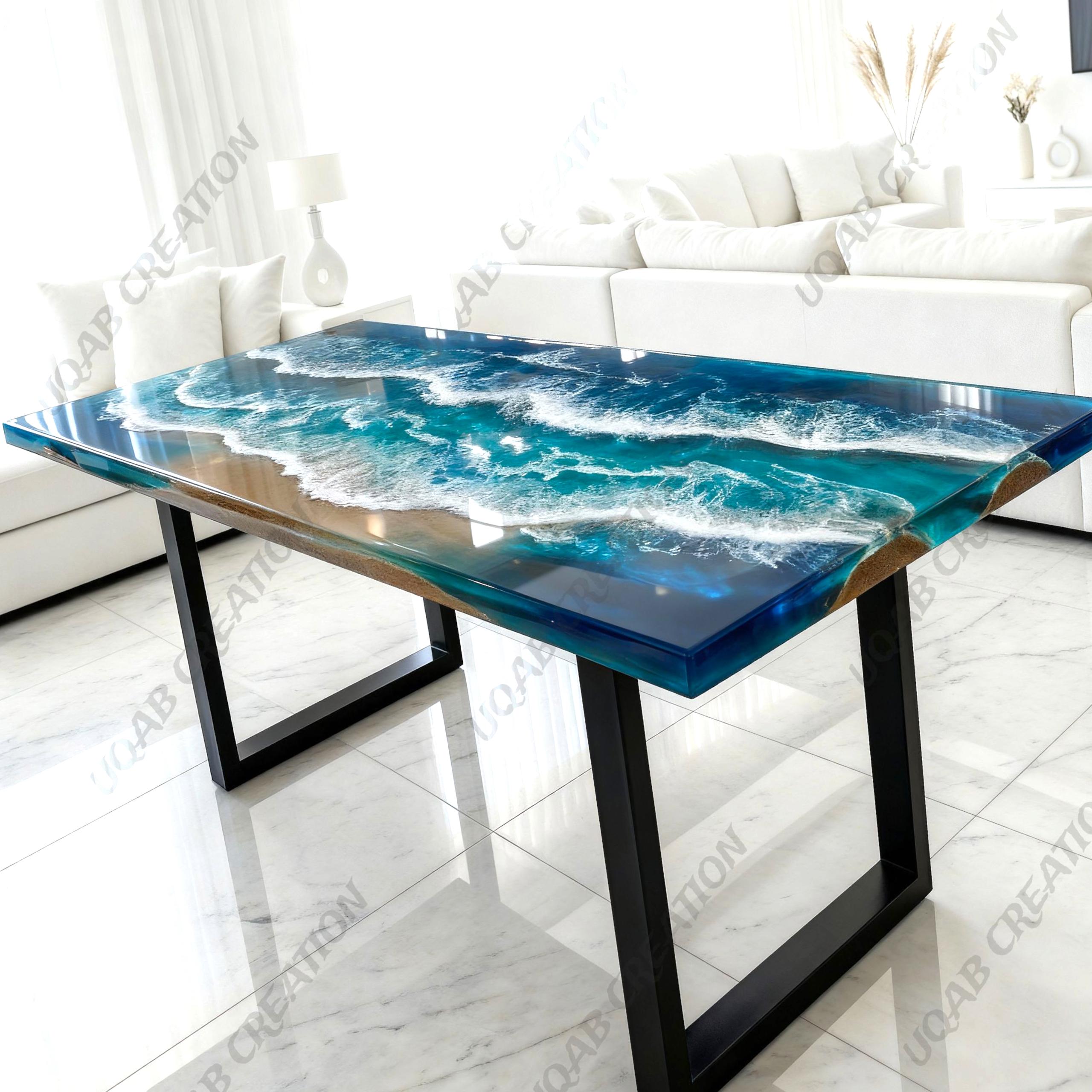 Ocean Wave Epoxy Resin & Natural Wood Dining Table | Handmade Coastal ...