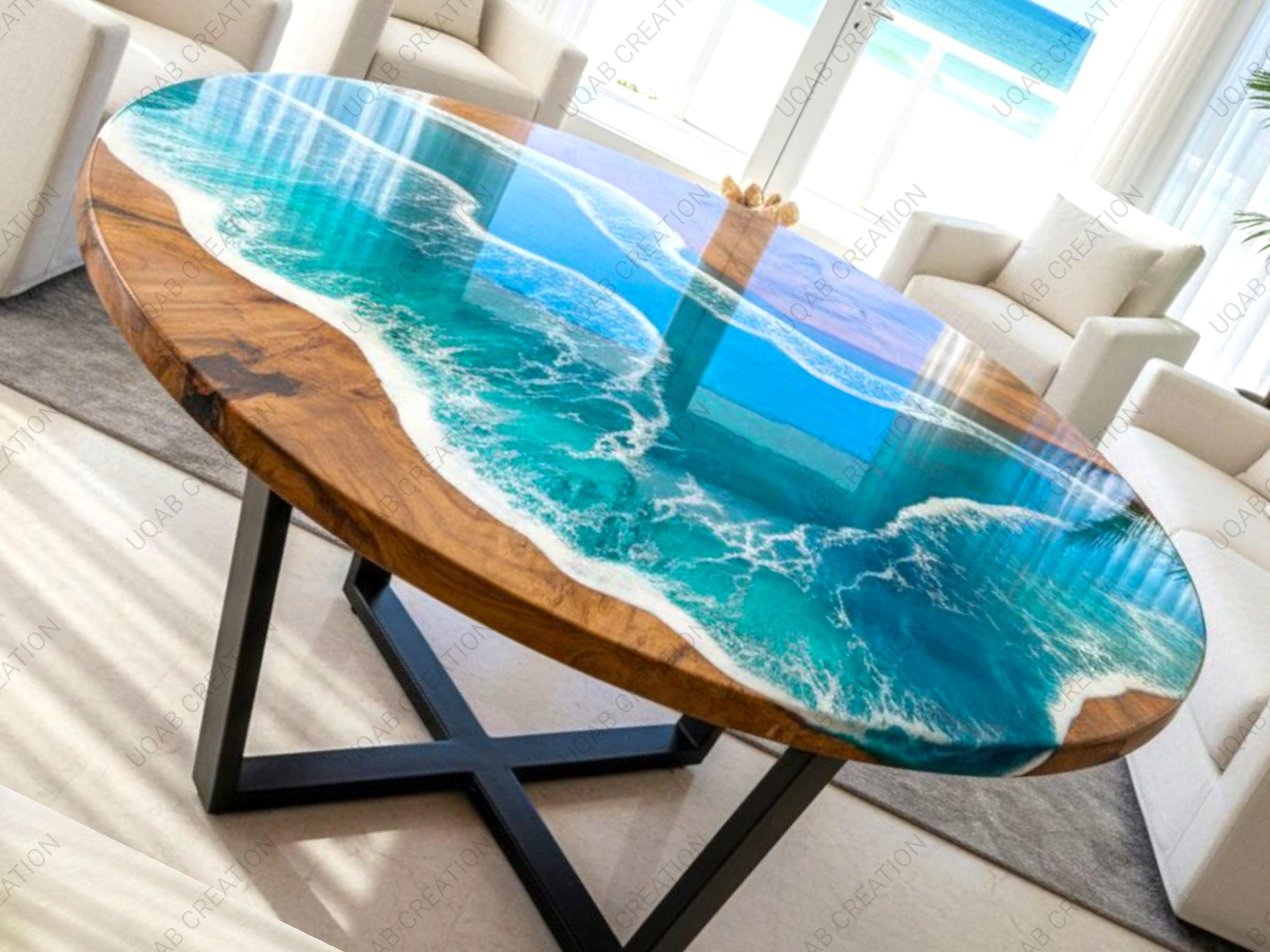 Modern Rustic Round Dining Table – Handmade Blue Ocean Waves Epoxy ...