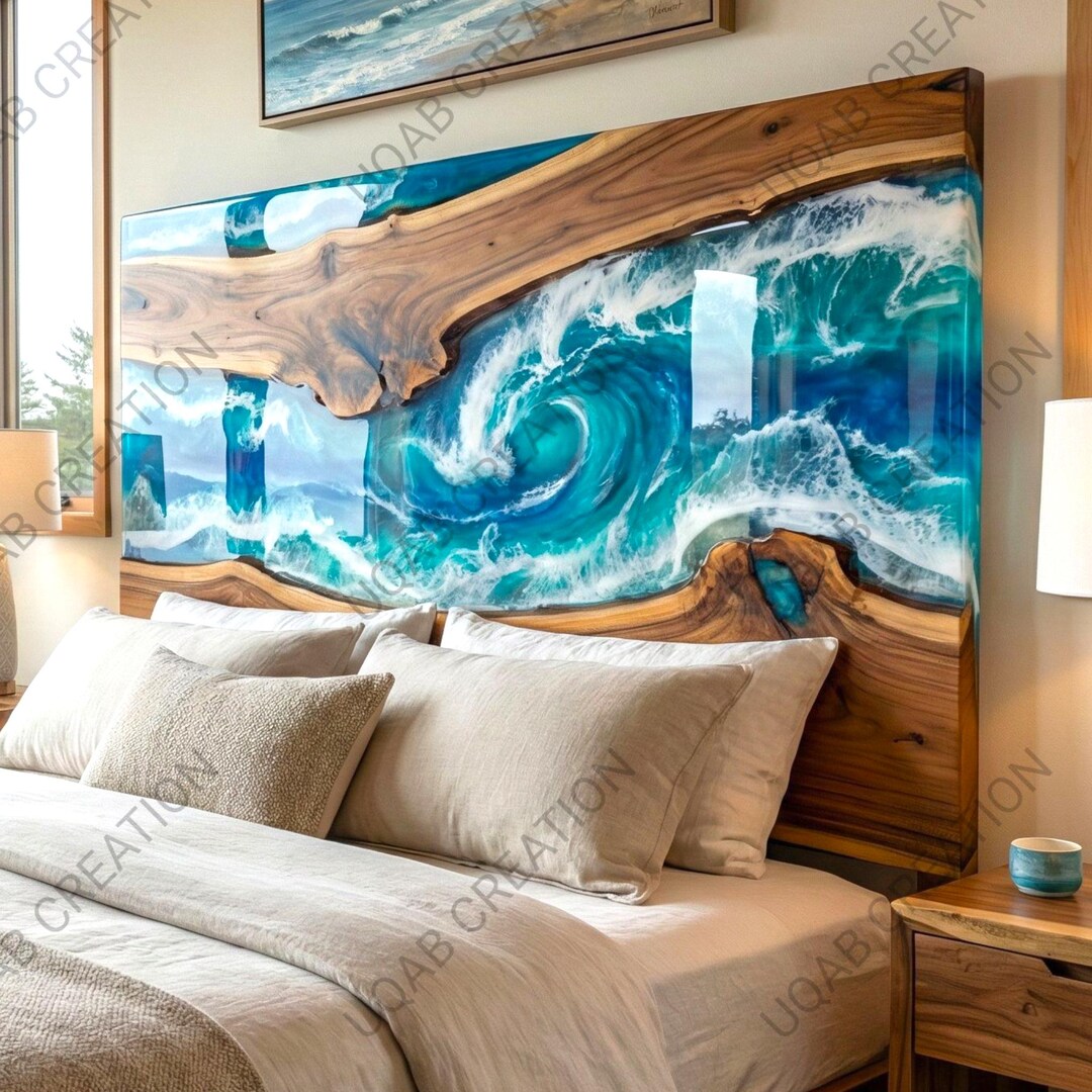 Handmade Wood & Epoxy Resin Ocean Wave Headboard | Coastal Bedroom ...