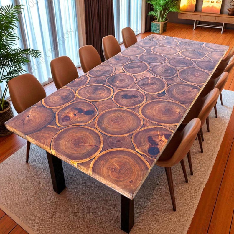 Puede incluir: Una gran mesa de comedor rectangular con un dise&ntilde;o &uacute;nico de rodajas de madera en la superficie. La mesa est&aacute; sostenida por patas negras y rodeada de sillas de cuero marr&oacute;n. La superficie de la mesa es un mosaico de rodajas de madera circulares.