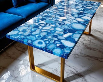 Handmade Blue Agate Dining Table: Luxury Gemstone Inlay, Customizable Home Decor