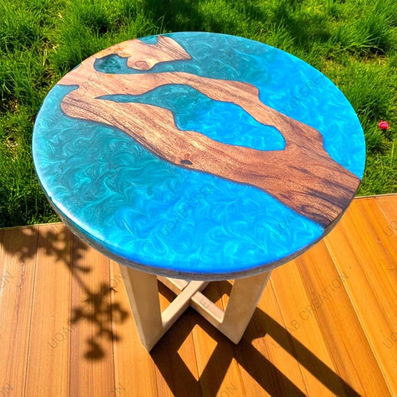 Handmade Round Blue Metallic Epoxy Coffee Table – Modern Artistry