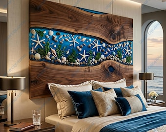 Epoxy Resin River Stone Headboard Ocean Theme Rustic Wood Handmade Coastal Bed Decor