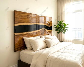 Handmade Acacia Wood Black Epoxy Resin Bed Headboard | Modern Bedroom Wall Art
