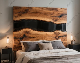 King Size Black Epoxy Resin Headboard: Natural Wood Rustic Modern