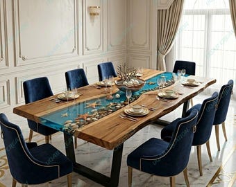 Handgemaakte blauwgroen epoxy rivierstenen eettafel, doorschijnend hars natuurlijk hout, luxe meubels