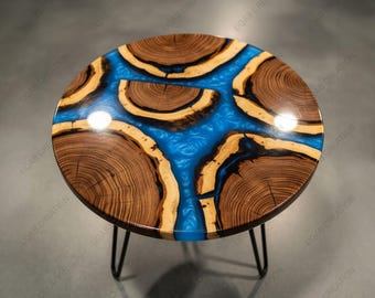 Luxury Blue Metallic Resin Round Coffee Table – Wooden Epoxy Living Room Centerpiece