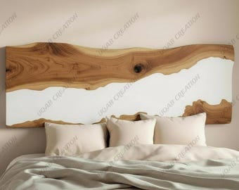 Custom Live Edge Acacia Wood & White Epoxy Resin Headboard | Handmade Wooden Bed Back Panel