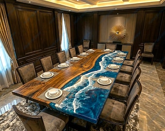 Mesa de comedor de lujo hecha a mano con resina epoxi y diseño de olas del océano azul. Muebles de madera rústica moderna.