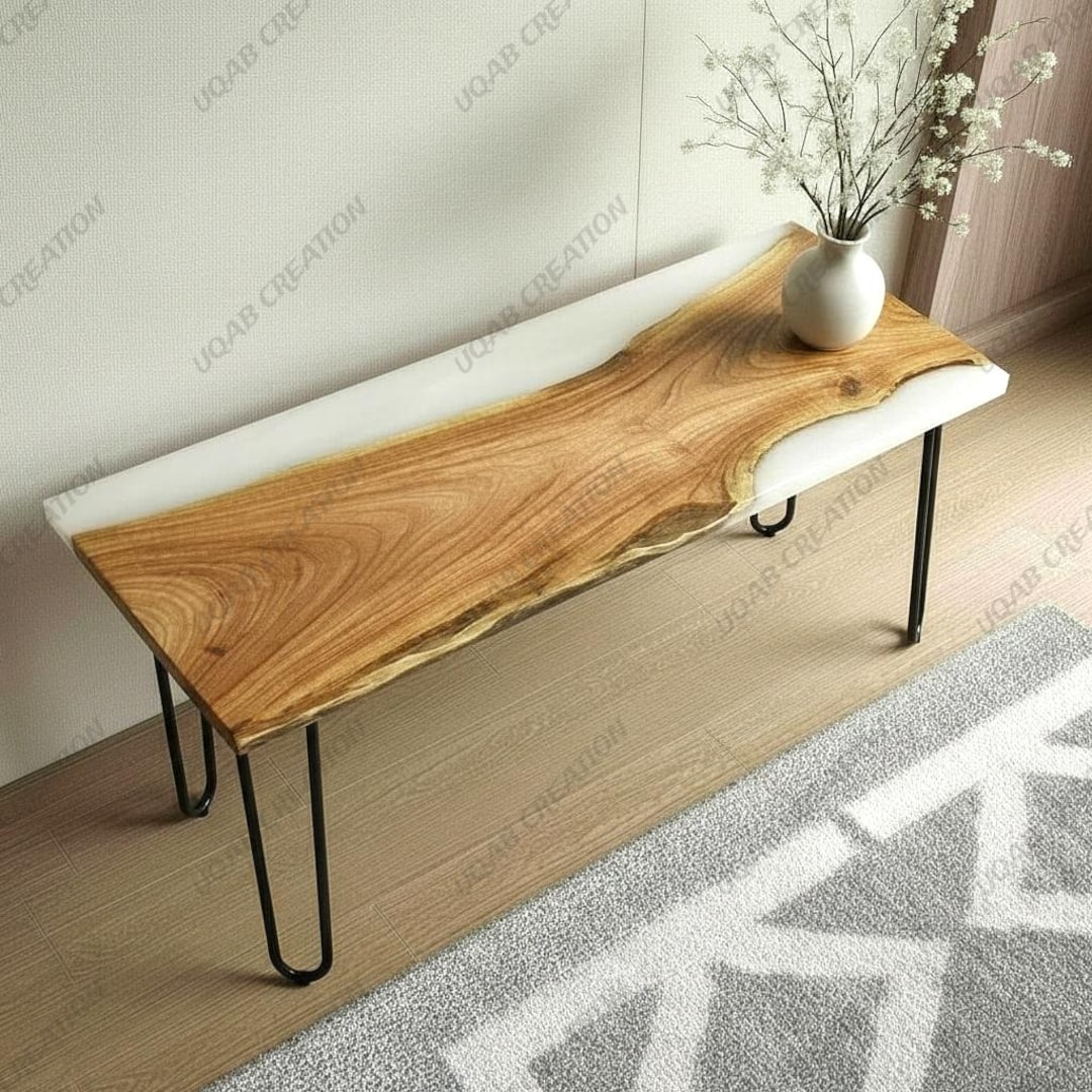 Handcrafted White Epoxy Resin Wooden Console Table - Handmade Narrow ...