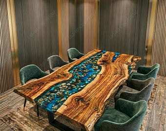 Handcrafted River Stone Blue Epoxy Dining Table Live Edge Wood Luxury Furniture