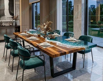 Mesa de comedor artesanal de madera maciza con resina epoxi azul efecto ola oceánica y muebles de lujo hechos a mano.