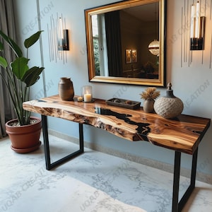 Handcrafted Live Edge Console Table: Black Epoxy Resin, Modern Rustic