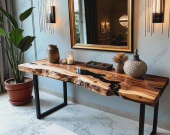 Handcrafted Live Edge Console Table: Black Epoxy Resin, Modern Rustic