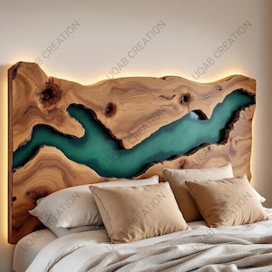 Handmade King Size Live Edge Headboard: Natural Wood & Green Epoxy Resin