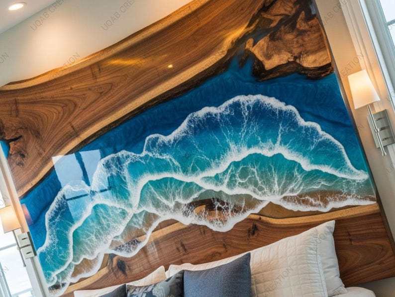 Handcrafted Ocean Waves Epoxy Resin Live Edge Headboard – Modern Rustic ...