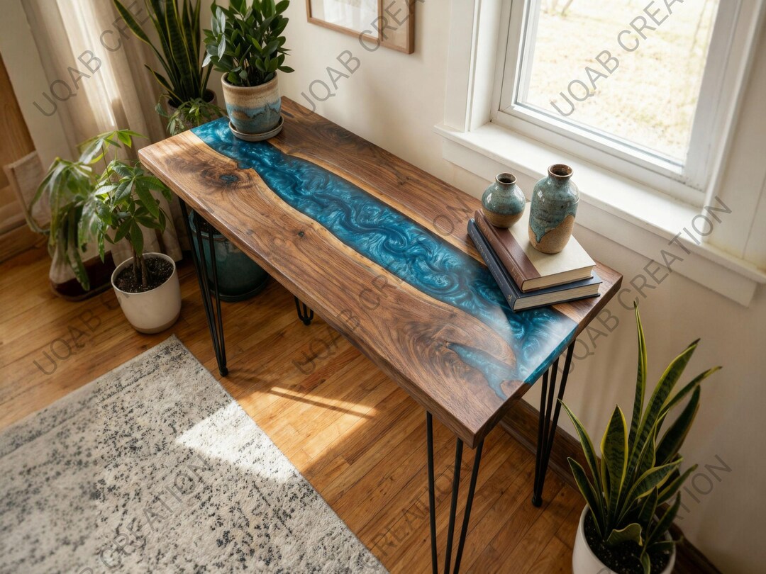 Handcrafted Wooden Epoxy Console Table: Blue Metallic Resin Hallway ...