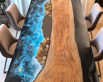 Mesa de comedor artesanal con temática marina, fabricada en resina epoxi con diseño de olas costeras.