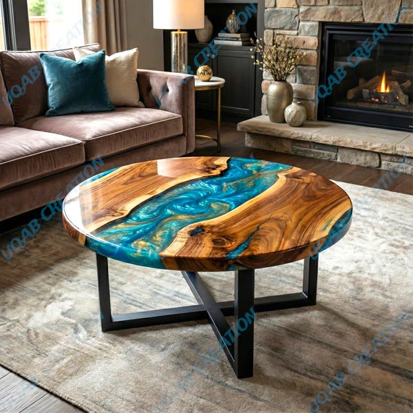Blau & Gold Metallic Epoxidharz Runder Couchtisch | Massives Naturholz | Handgemachtes modernes rustikales