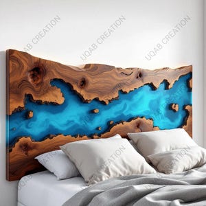 Handmade King Size Live Edge Headboard: Metallic Blue Epoxy Resin Inlay