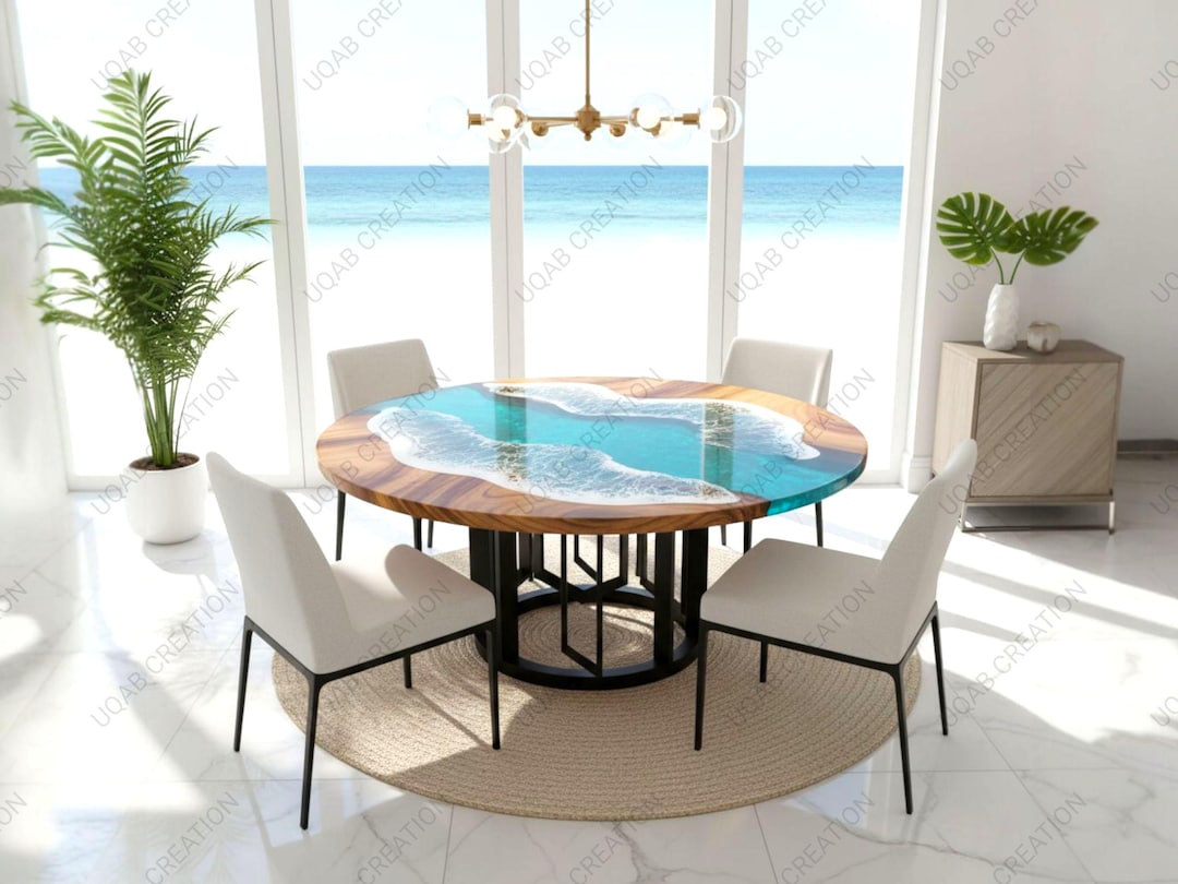 Round Teal Blue Epoxy Ocean Waves Dining Table – Handmade Coastal ...