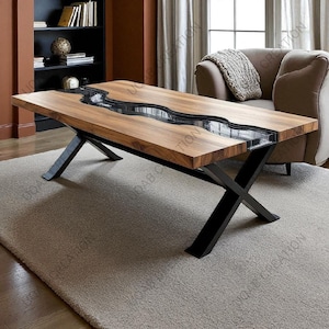 Handmade Black Epoxy & Natural Wood Sofa Table - Rustic Modern Design