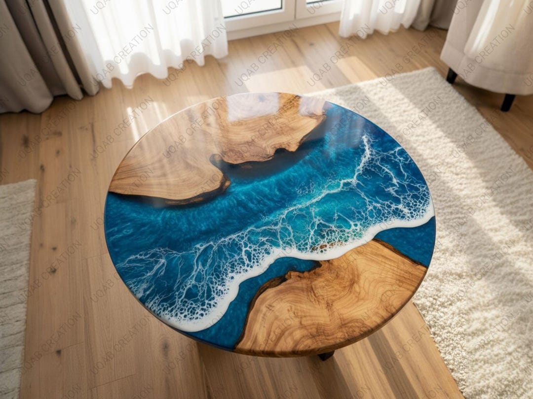Handmade Ocean Wave Blue Epoxy Resin Coffee Table - Natural Wood - Etsy