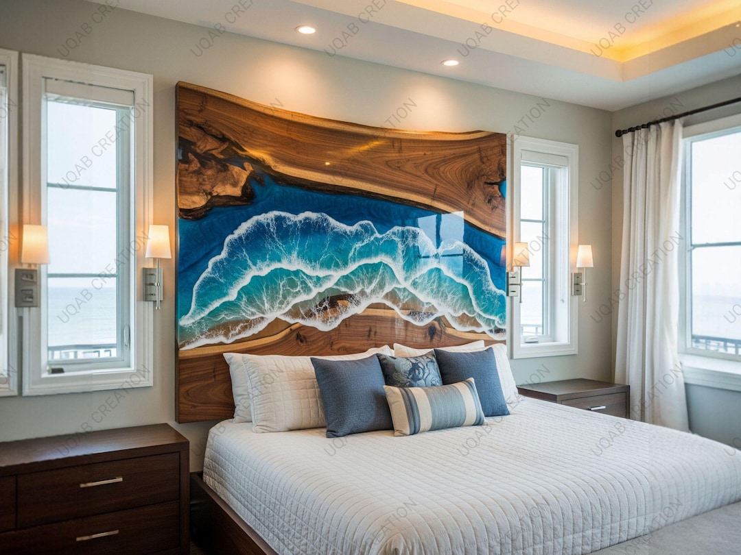 Handcrafted Ocean Waves Epoxy Resin Live Edge Headboard – Modern Rustic ...