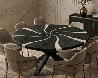 Mesa de comedor redonda de lujo de resina epoxi blanca, mueble artesanal de madera quemada.