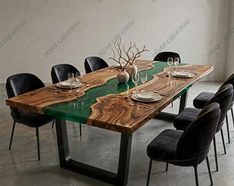 Mesa de comedor de madera natural hecha a mano con resina epoxi verde, estilo rústico moderno y lujoso.