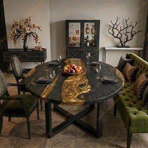 Handcrafted Burned Charcoal Wood Dining Table with Golden Epoxy | Luxury Resin Table | Unique Furniture