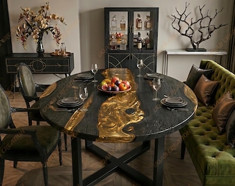 Mesa de comedor artesanal de madera de carbón quemado con resina epoxi dorada / Mesa de resina de lujo / Muebles únicos