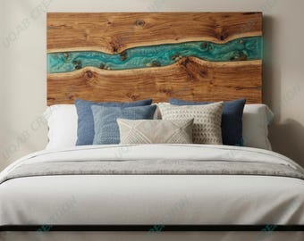 Rustic Wood & Metallic Teal Blue Epoxy Resin King Size Bed Headboard