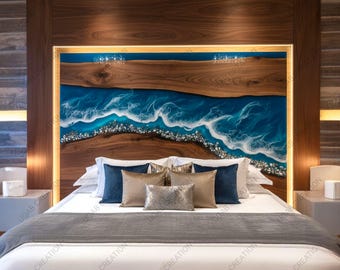 Luxury Handmade Wood Headboard with Blue Epoxy Ocean Waves & White Sea Stones