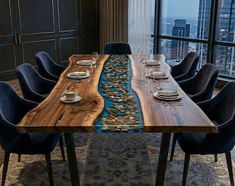 Matbord i trä med naturliga kanter, blått epoxiharts, flodsten, handgjort rustikt bord