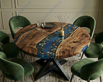 Blått genomskinligt epoxihartsbord i flodsten, runt matbord i naturträ, handgjort