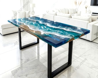 Mesa de comedor Ocean Wave de resina epoxi y madera natural / Muebles costeros hechos a mano