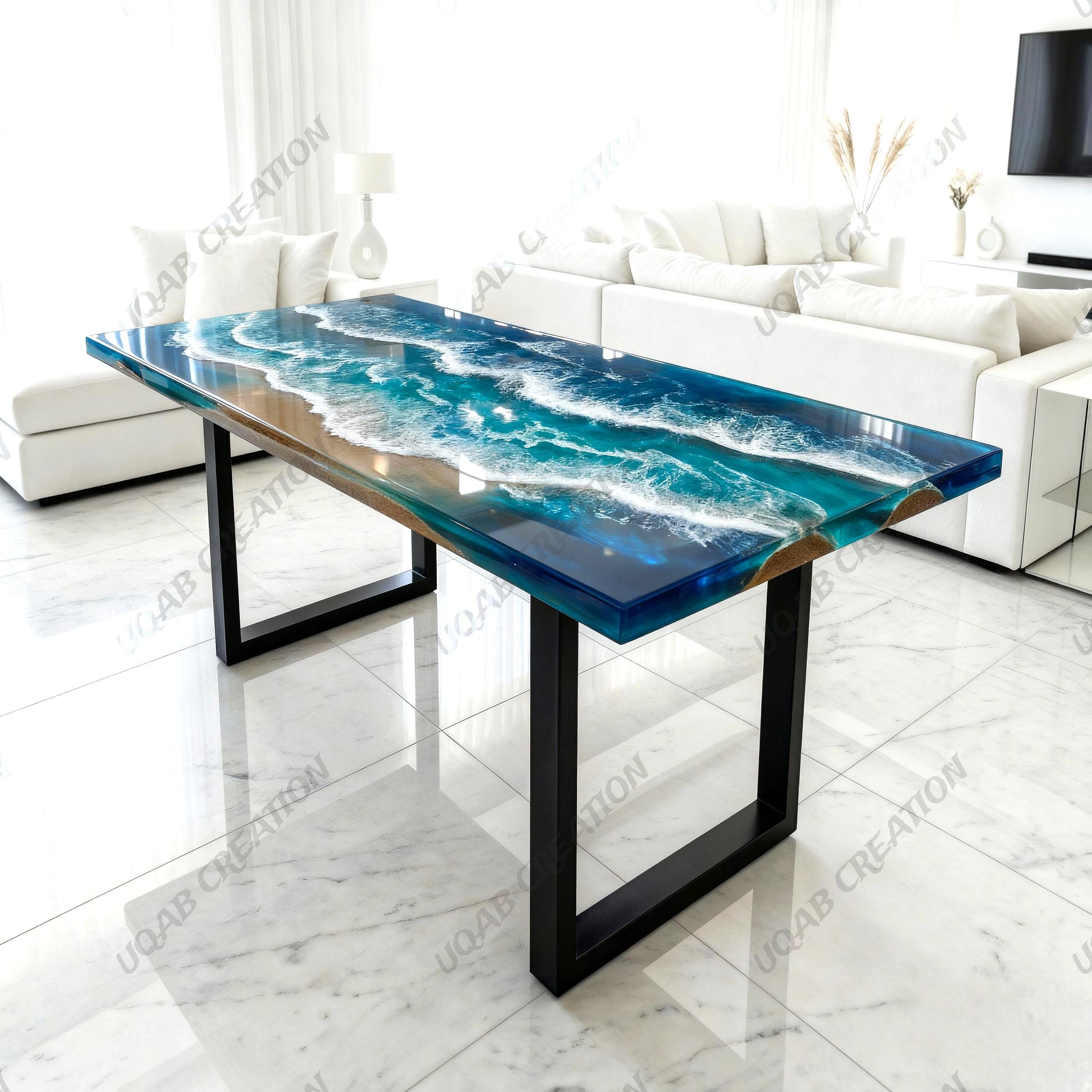 Ocean Wave Epoxy Resin & Natural Wood Dining Table | Handmade Coastal ...