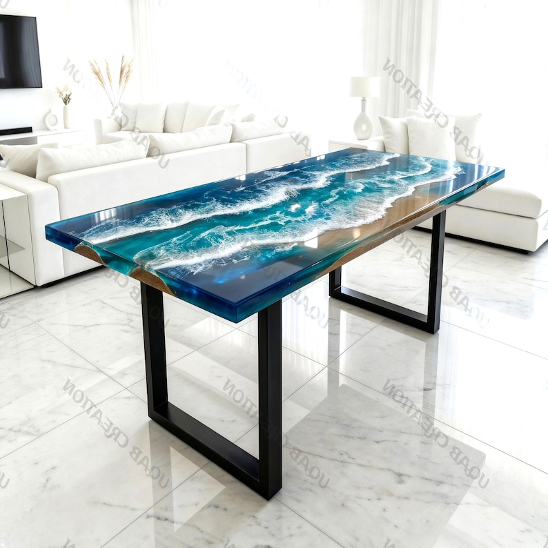 Ocean Wave Epoxy Resin & Natural Wood Dining Table | Handmade Coastal ...