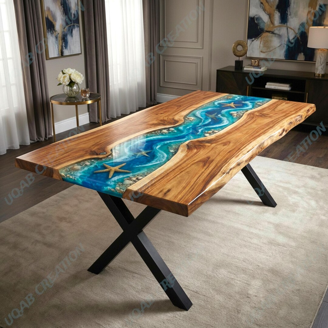 Handcrafted Ocean Wave Epoxy Resin Live Edge Dining Table | Starfish ...
