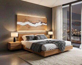 Luxury King Size White Epoxy Resin Headboard – Handmade Wooden Bedroom Wall Art