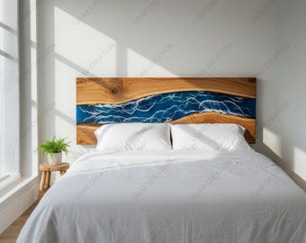 Ocean Wave Blue Epoxy Wood Headboard | Modern Coastal Bedroom Furniture