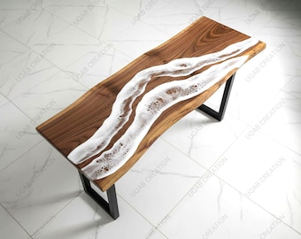 Handgemaakte houten consoletafel met live rand en wit epoxy-ontwerp met oceaangolven