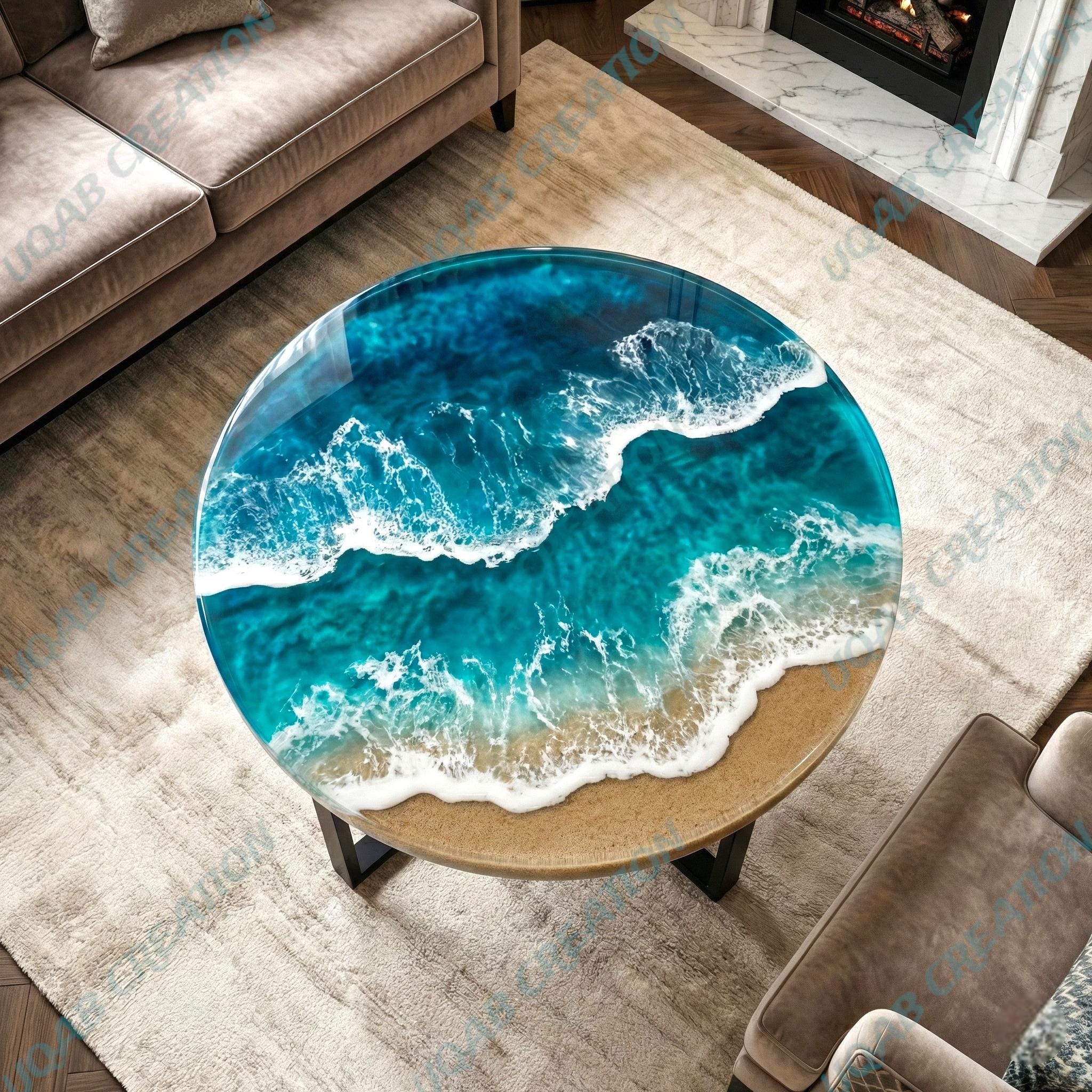 Coastal Ocean Wave Epoxy Resin Round Coffee Table | Handmade Wood ...