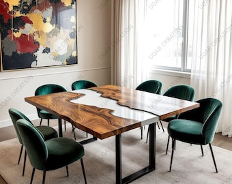 Custom Epoxy Resin Wooden Dining Table – Handmade Wood & White Epoxy Modern Furniture