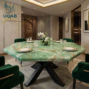 Handcrafted Green Onyx Octagon Dining Table | Luxury Natural Stone Furniture | Modern Dining Room Decor