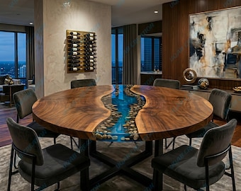 Handcrafted River Stone Blue Epoxy Round Dining Table Natural Wood Handmade