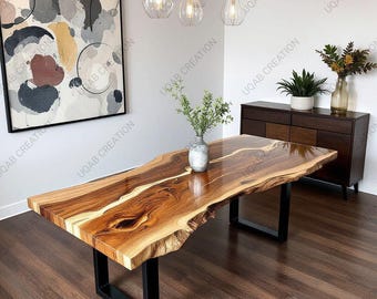 Custom Made Live Edge Wood White Epoxy Resin Handcrafted Dining Table