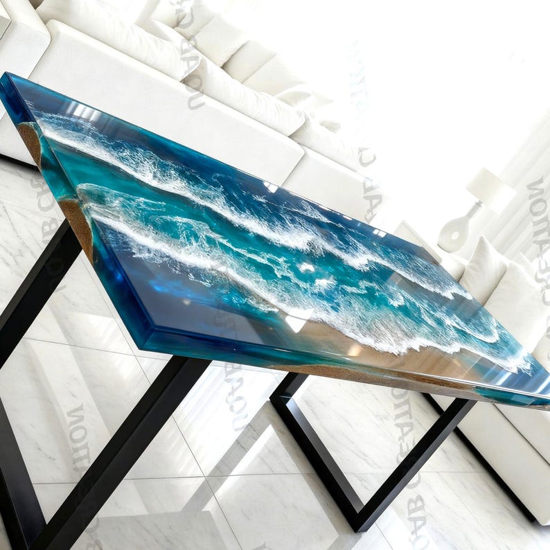 Ocean Wave Epoxy Resin & Natural Wood Dining Table | Handmade Coastal ...